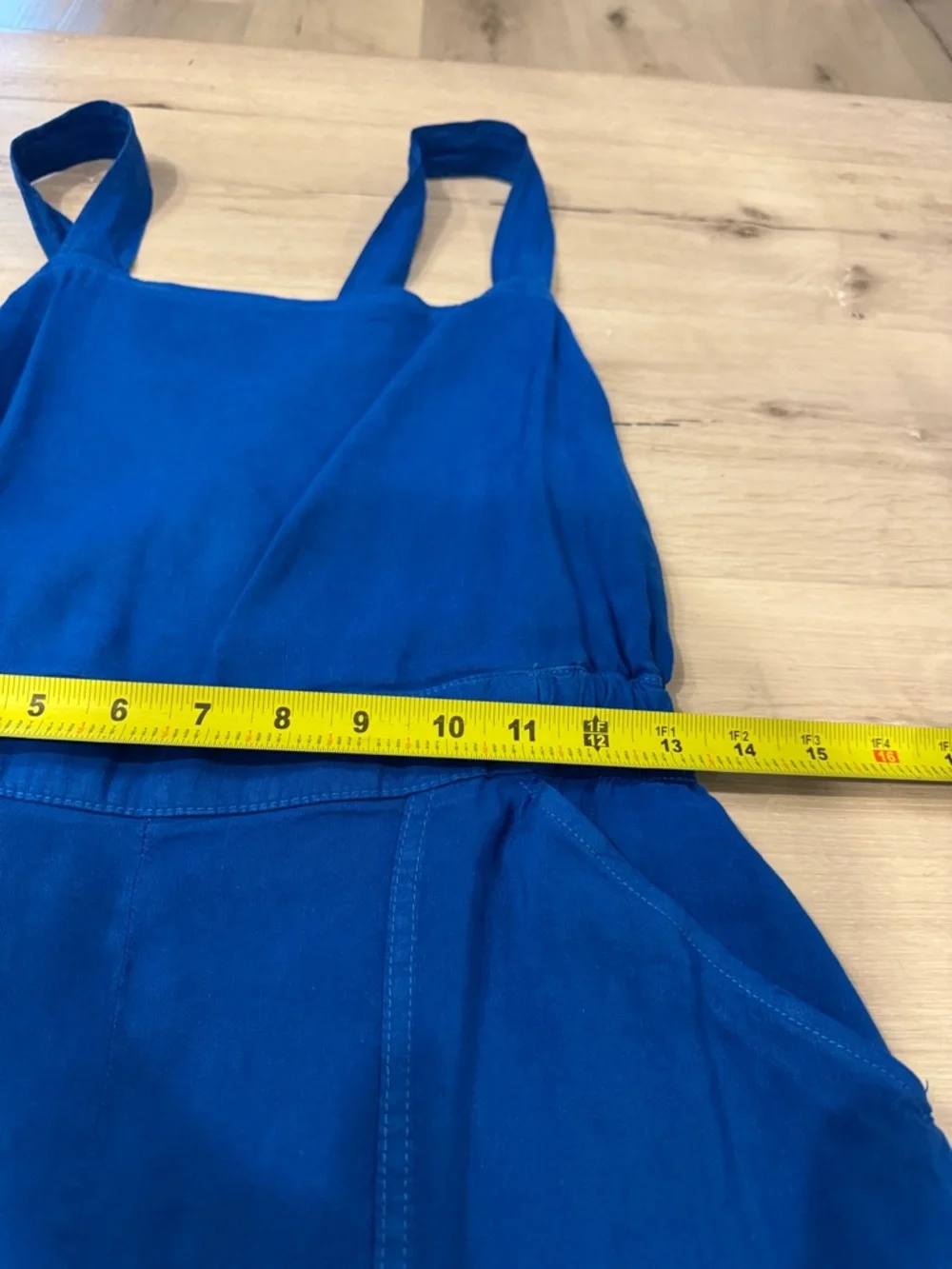 Zara Bright Blue Sleeveless Romper with open back in a Linen/Viscose blend.